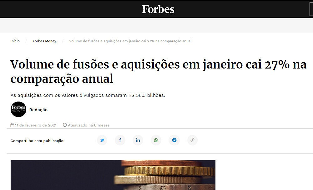 Volume de fuses e aquisies em janeiro cai 27% na comparao anual